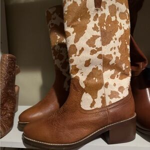 Myra Bag Brown Heeled Boots with Cowhide Pattern